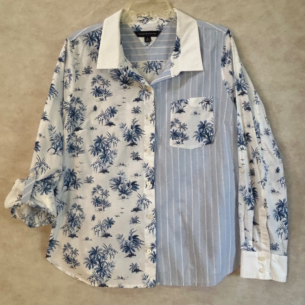 Tommy Hilfiger Women XL Blue White Tropical Palm Stripe Mixed Print Button Shirt